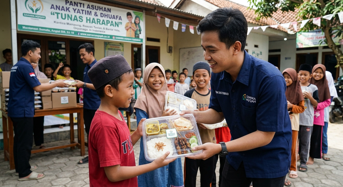 Samara Aqiqah membantu pembagian daging aqiqah matang ke panti asuhan.